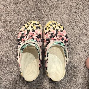 CROCS Floral Clogs with Pink and Yellow Highlights